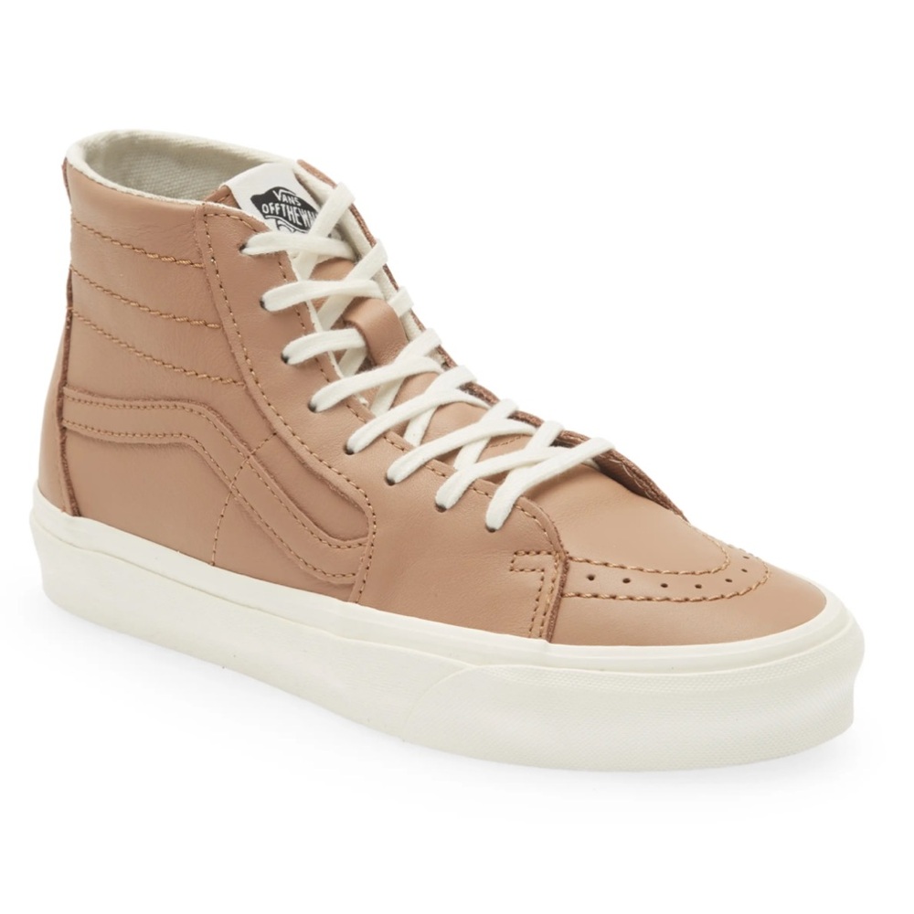 Vans Tan Leather Sk8-Hi tapered high Top Sneakers with White Laces
